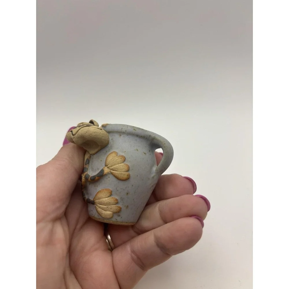 Vintage Ray & Tami Bier Pottery Charlevoix MI Folk Art Frog on Miniature Pitcher